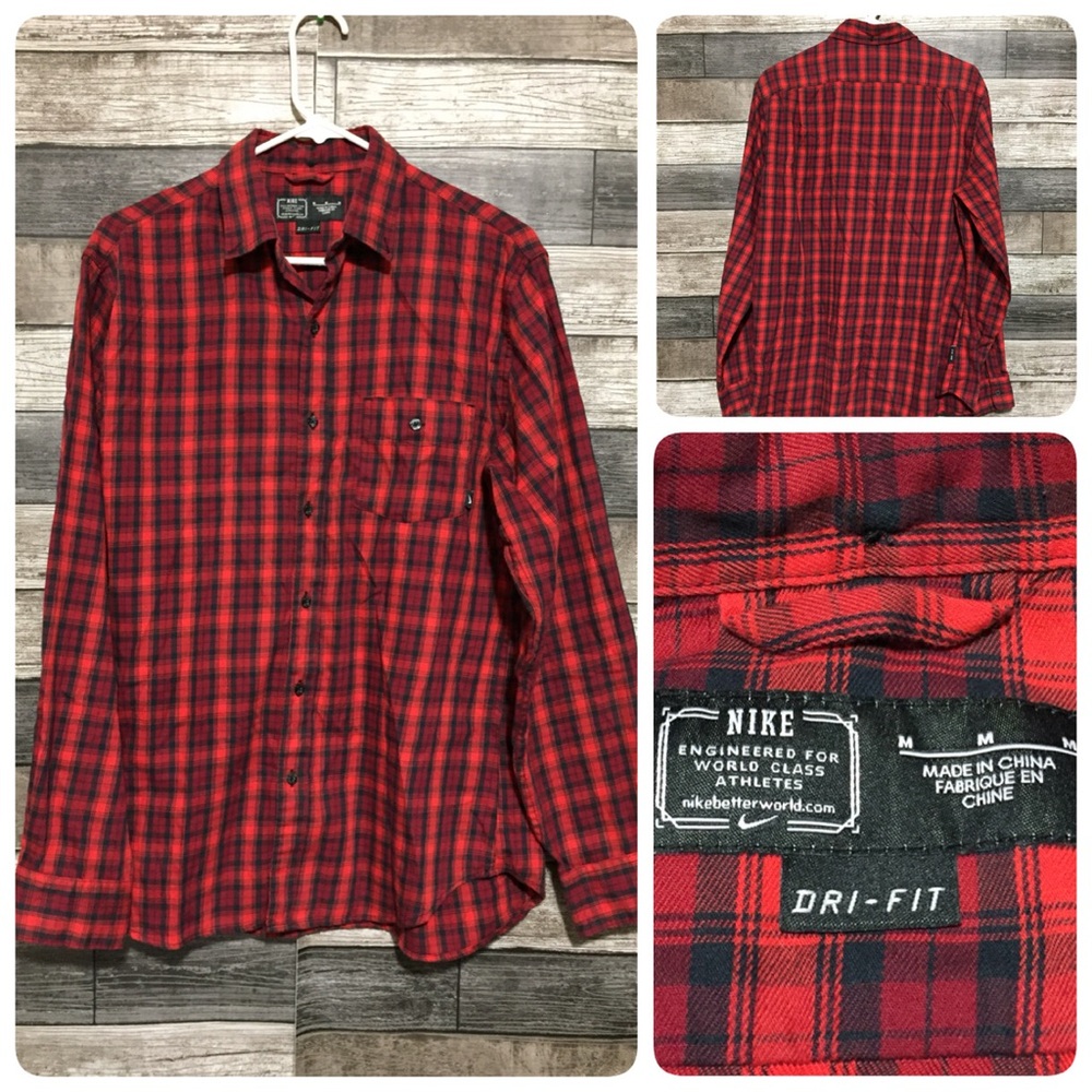 Nike Dri Fit Plaid Button Up Shirt Men’s M Red Long Sleeve Casual